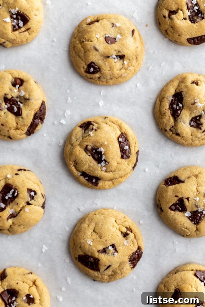 Decadent Vegan Chocolate Chip Cookies 3 chocolate chip cookies lined up on a baking tray with a touch of flaky sea salt