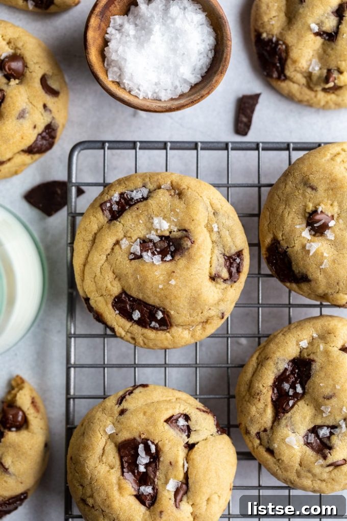 Decadent Vegan Chocolate Chip Cookies 5 Vegan chocolate chip cookies of a cooling rack and topped with a bit of flaky sea salt