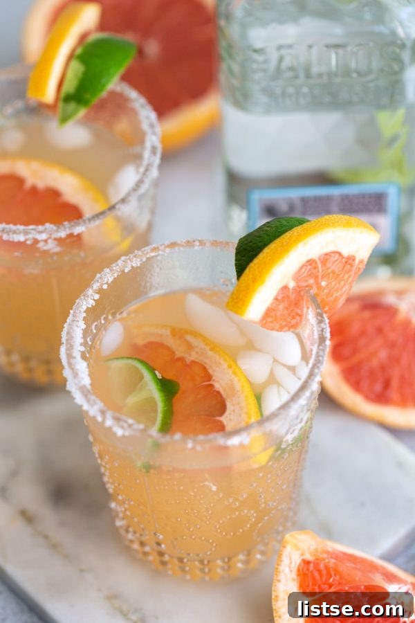 Grapefruit Sunset Margarita 4 Ingredients for grapefruit margarita laid out, including a shaker and fresh fruit.