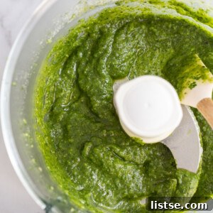 Close-up of freshly made vegan pesto in a bowl.