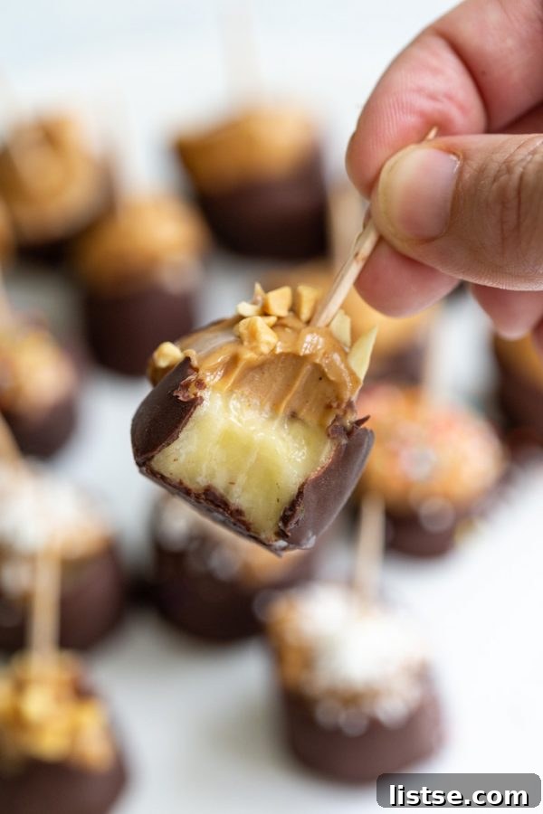 A serving of finished chocolate and peanut butter covered banana bites, presented beautifully.