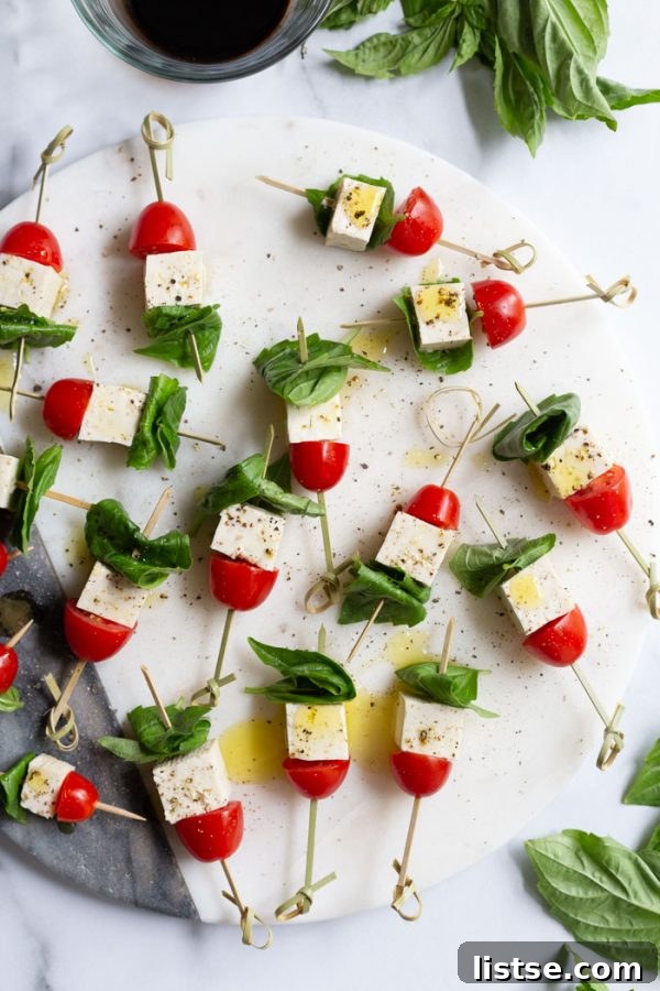 Close-up of fresh vegan Caprese Skewers arranged beautifully for serving
