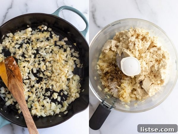 Close-up of fluffy tofu ricotta, showcasing its perfect texture.