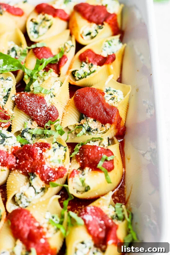 Creamy Vegan Stuffed Shells 9 Pasta shells covered in rich marinara sauce and garnished with vibrant fresh basil leaves, ready to serve.