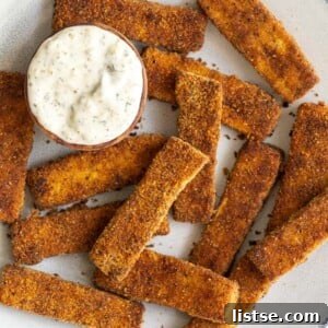 Prepared vegan tofu fish sticks ready to be enjoyed.
