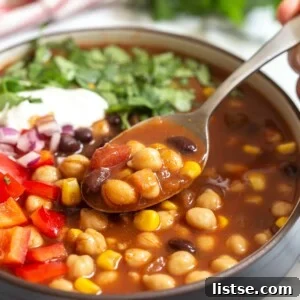 Finished chickpea crockpot taco soup in a bowl.