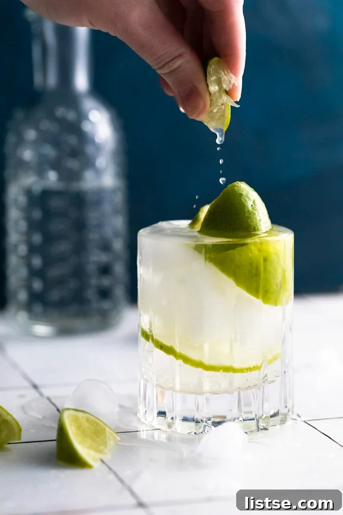 clear beveled glass filled with clear liquid (gin and tonic) plus fresh lime wedges. hand squeezing a lime wedge into the glass