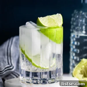 clear beveled glass filled with clear liquid (gin and tonic) plus fresh lime wedges. dark background