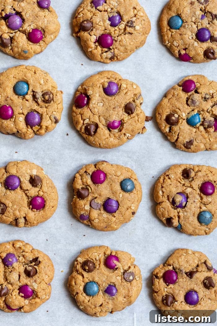 Delightfully colorful and chewy vegan monster cookies, perfect for any occasion.