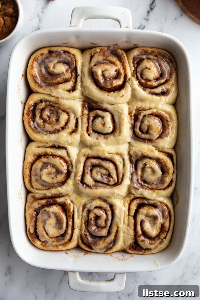 Irresistible Vegan Cinnamon Rolls 2 iced vegan cinnamon rolls in a baking tray