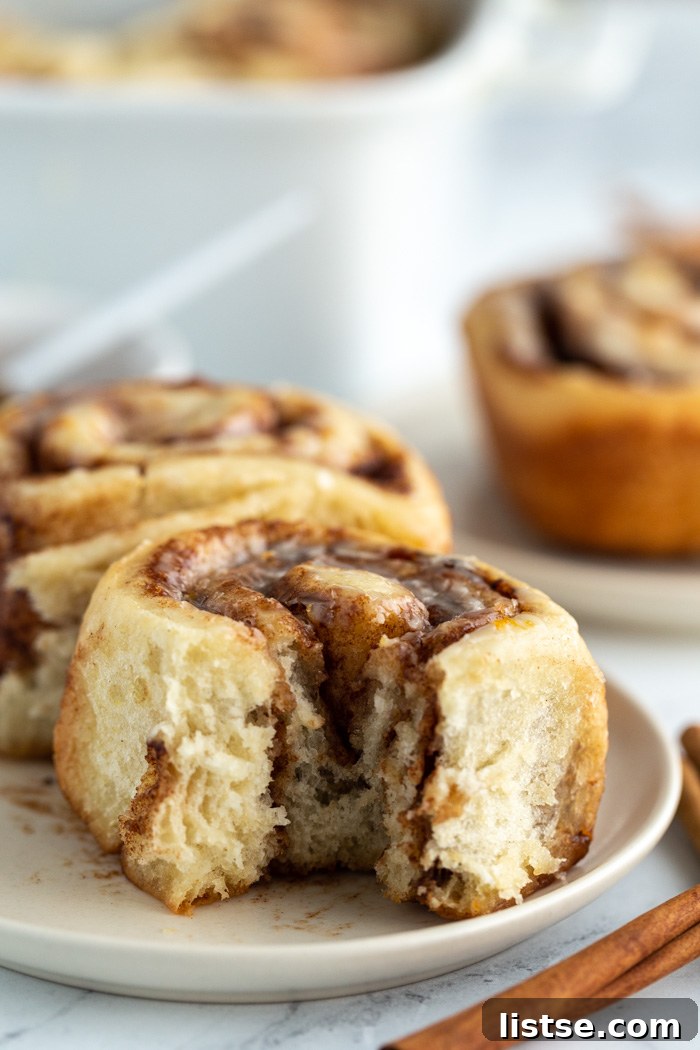 Irresistible Vegan Cinnamon Rolls 3 a single vegan cinnamon roll on a plate with a bite taken out