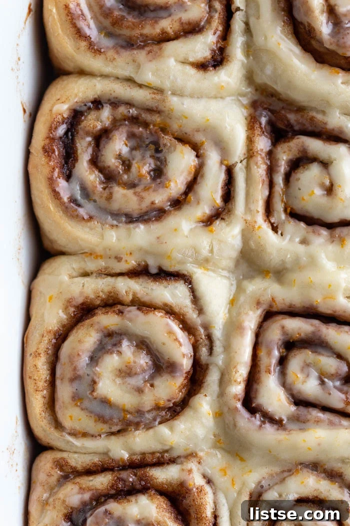 Irresistible Vegan Cinnamon Rolls 6 close up shot of vegan cinnamon rolls in a casserole dish