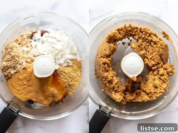 Side-by-side view of individual vegan protein bar ingredients and then blended in a food processor, highlighting the easy preparation process.