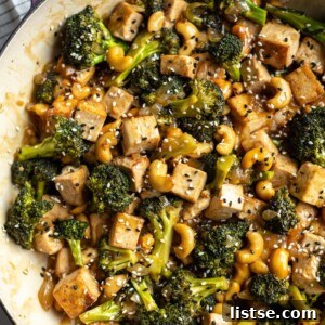 Finished Cashew Tofu Stir Fry in a serving bowl.