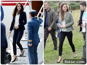 Kate Middleton in a stylish casual outfit, featuring skinny jeans and a blazer.