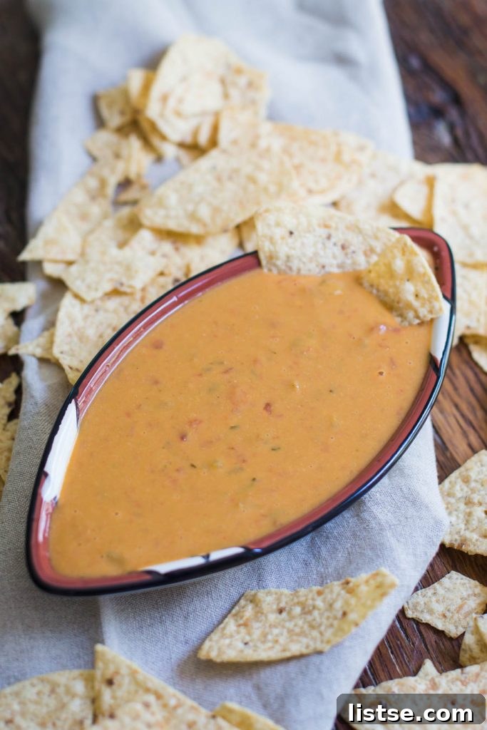 Warm and spicy vegan salsa con queso, a rich and flavorful dip perfect for tortilla chips and party snacks