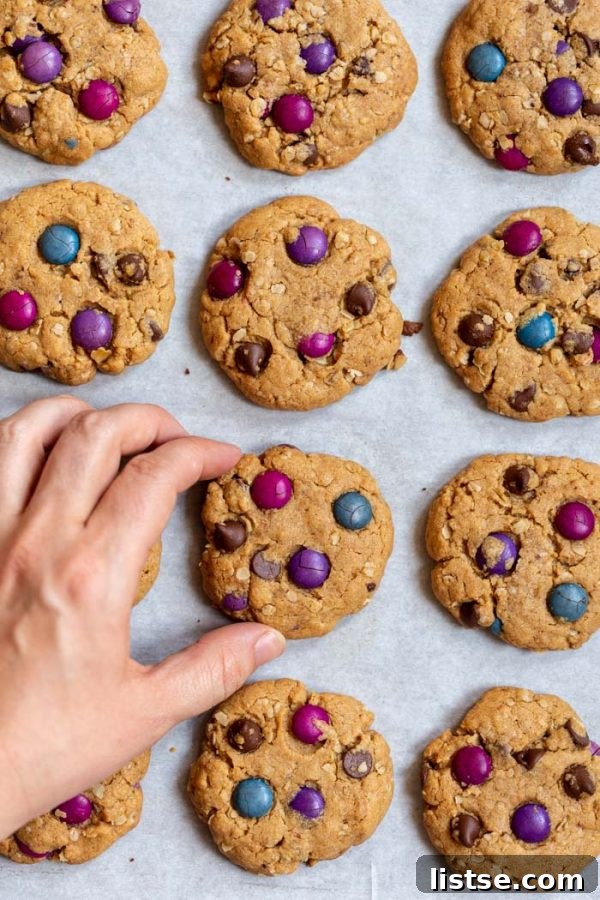 Fun and colorful monster cookies, packed with chocolate chips, oats, and peanut butter, a delightful vegan dessert