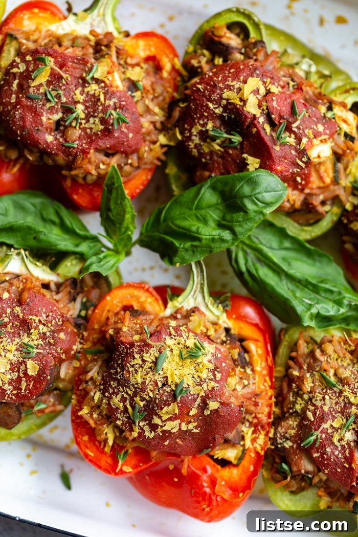 Beautifully baked vegan stuffed peppers, ready to be served.