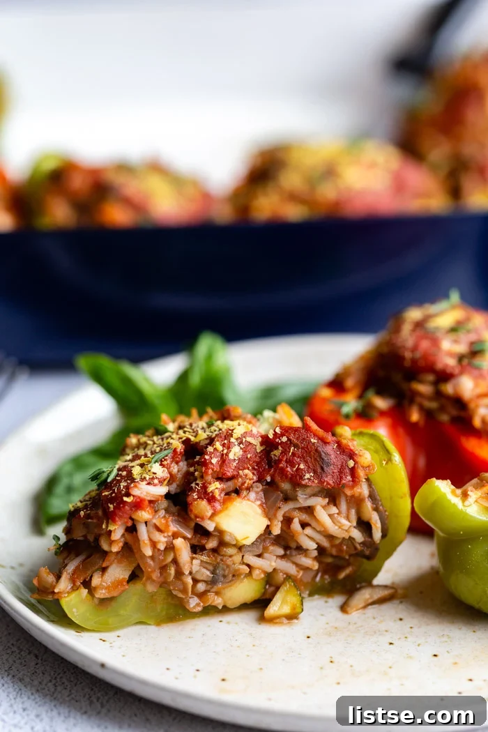 Close-up of the flavorful lentil and rice stuffing for the peppers.