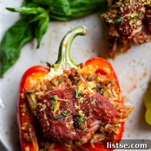 Finished Vegan Stuffed Peppers on a serving platter.