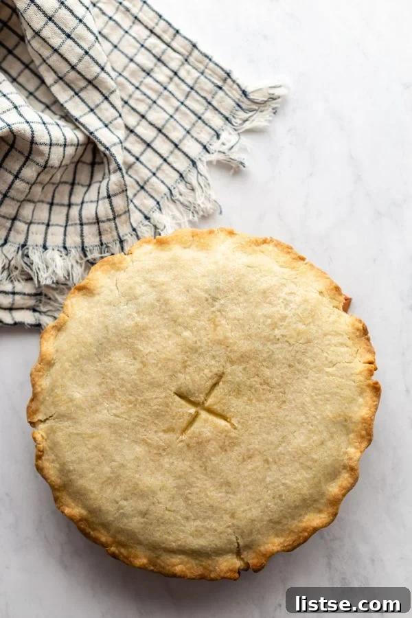 Hearty Vegan Chickpea Pot Pie 5 Top-down view of a beautifully baked vegan chickpea pot pie, featuring a golden, crimped crust and a steam vent in the shape of an X.