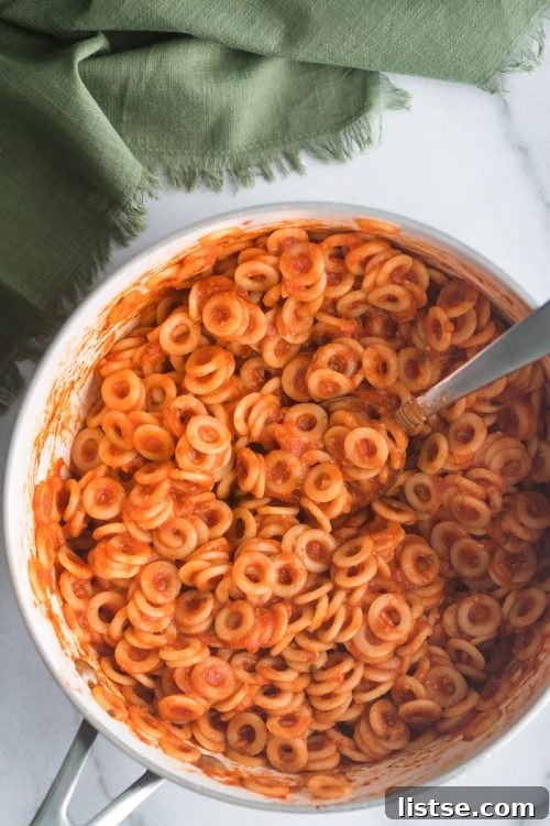 Homemade vegan Spaghettios served in a white bowl