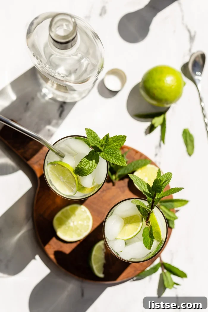 An overhead shot showcasing two vibrant mojitos in tall glasses, garnished generously with fresh lime wedges and sprigs of mint. They are arranged on a stylish round wooden board.