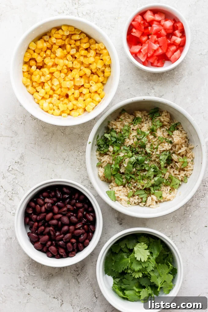 Ingredients for a Sofritas burrito bowl