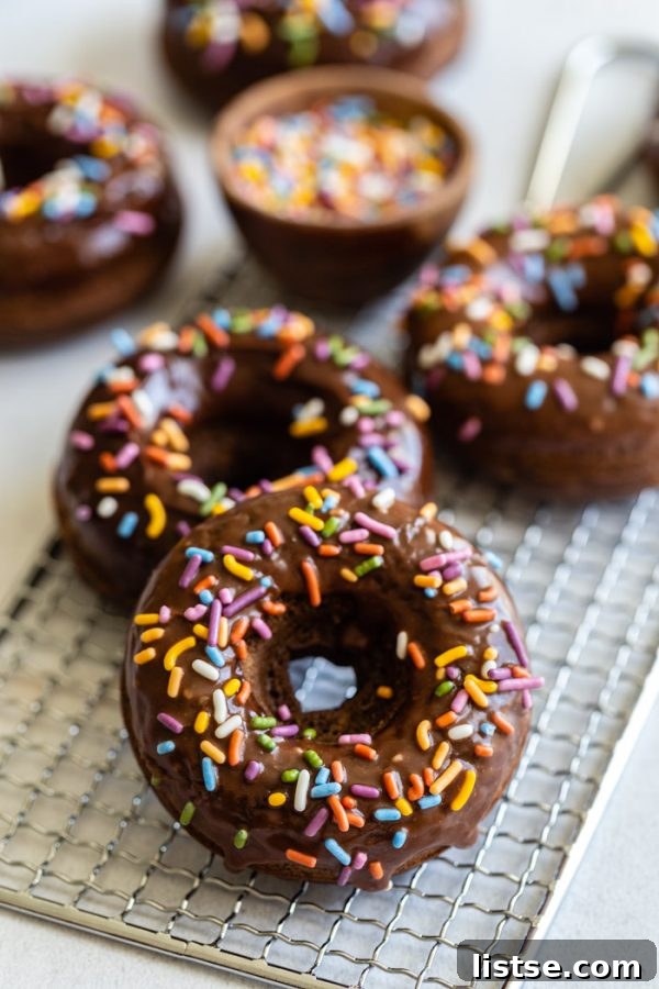 No-Fry Chocolate Donuts 3 chocolate glazed donuts topped with sprinkles and sprinkles all around the shot. the donuts are sitting on top of a cooling wrack