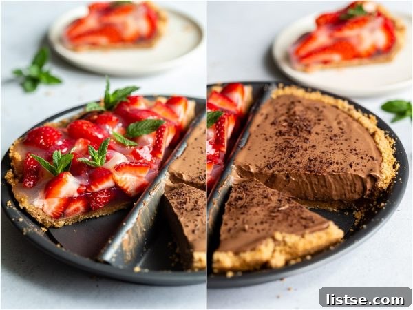 Sweet Divide Pie: Strawberry & Chocolate 3 Side-by-side images. The left side shows a zoomed-in shot of the fresh strawberry pie, beautifully garnished with mint. The right side displays a chocolate silken pie with a perfect slice removed, revealing its creamy texture.