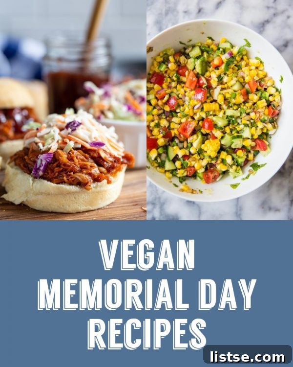 Delicious vegan Memorial Day recipes collage featuring a savory jackfruit sandwich and a vibrant grilled corn salad, perfect for your holiday celebration.
