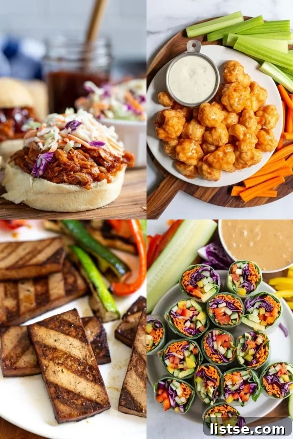A collage showcasing delicious vegan main dishes for Memorial Day, including smoky jackfruit BBQ, spicy buffalo cauliflower wings, perfectly grilled tofu, and fresh loaded veggie spring rolls.