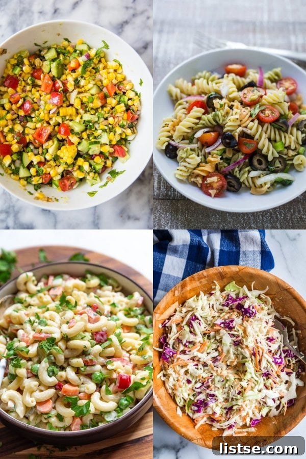 A vibrant collage of vegan side dishes for Memorial Day, featuring a large bowl of grilled corn salad, a white bowl of Mexican street corn pasta salad, creamy vegan macaroni salad, and a bamboo bowl brimming with fresh vegan coleslaw.