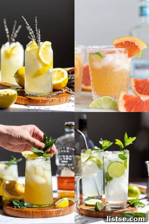 A refreshing collage of four vegan Memorial Day cocktails, including a glass of lavender vodka lemonade, a small glass of grapefruit margarita, a whiskey smash with fresh mint, and a classic mojito garnished with mint and lime slices.