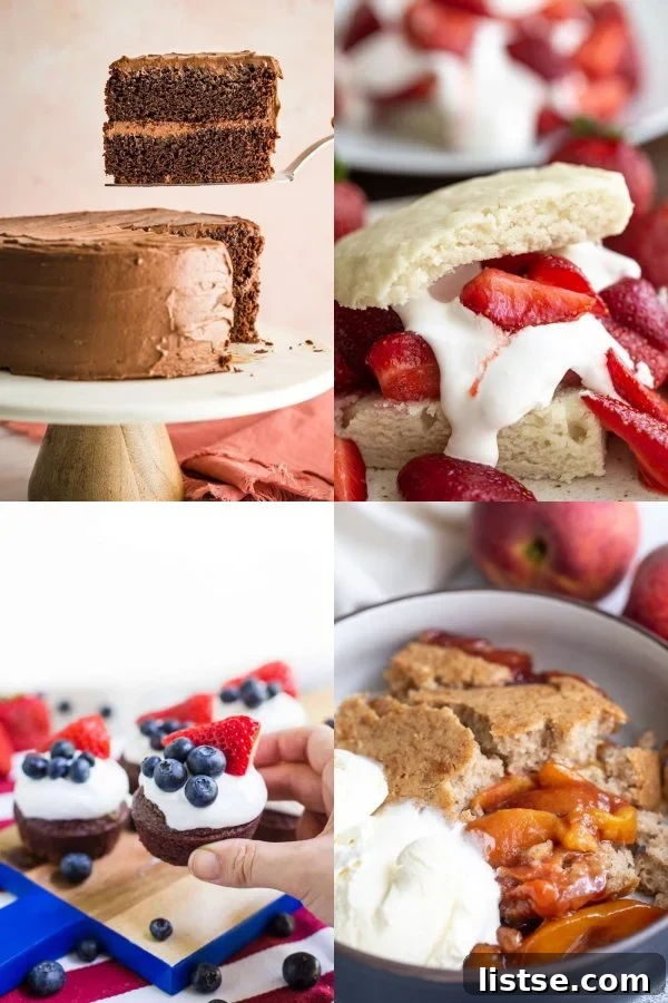 A sweet collage of four irresistible vegan Memorial Day desserts: a slice of decadent chocolate cake being served, a close-up shot of individual strawberry shortcake, a hand holding a brownie cupcake topped with whipped cream and fresh berries, and a warm peach cobbler with a scoop of vegan ice cream.
