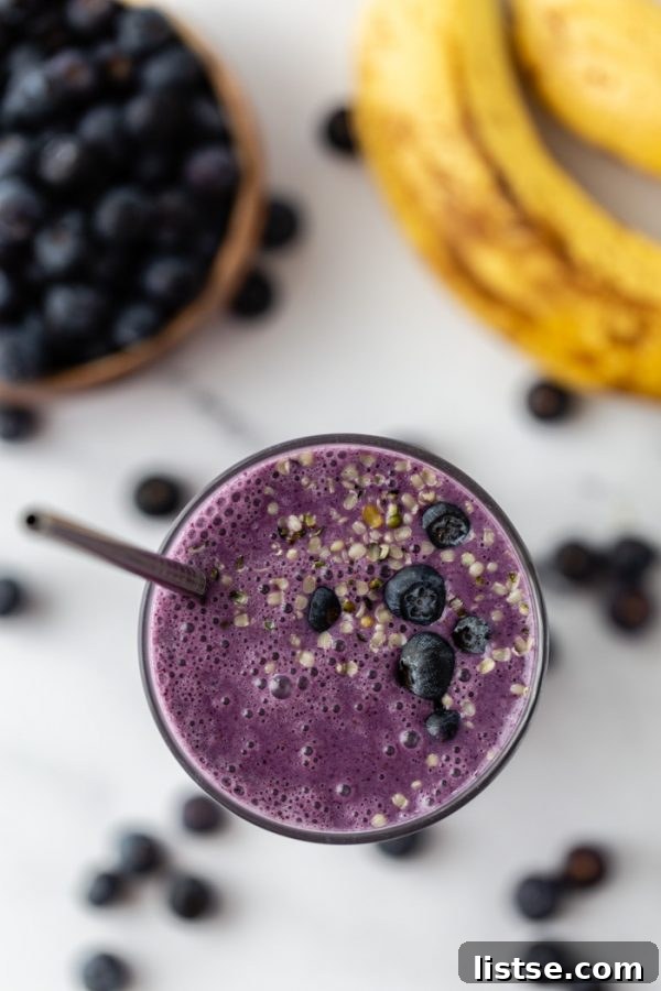 Berry Banana Bliss 3 Overhead view of a perfectly blended purple blueberry smoothie, artfully topped with fresh blueberries and a sprinkle of hemp hearts, highlighting its fresh appeal.