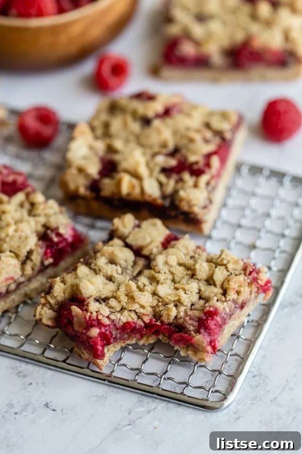 A top-down view of several vegan raspberry crumble bars with powdered sugar dusting, ready for serving.