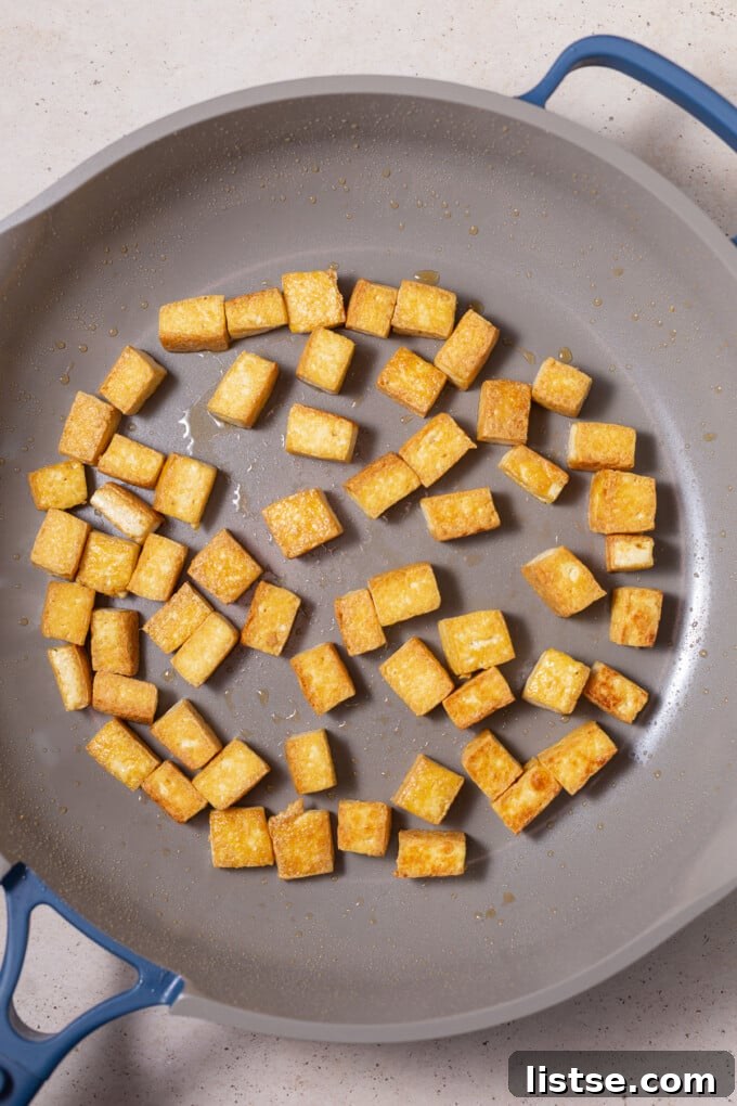 crispy tofu in a large skillet
