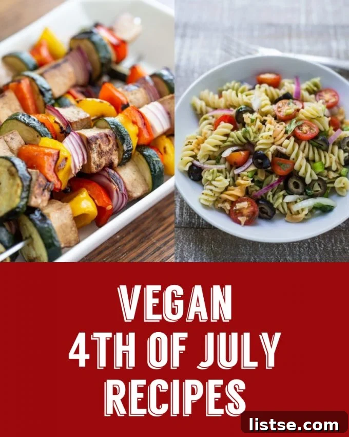 Red, White, and Vegan: 4th of July Feast 2 Delicious vegan 4th of July recipes collage featuring savory tofu kebabs and a refreshing vegan pasta salad, perfect for summer celebrations.