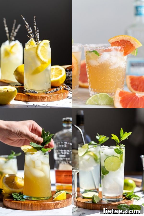 Red, White, and Vegan: 4th of July Feast 5 A refreshing collage of vegan cocktail ideas for summer, featuring vibrant drinks like lavender vodka lemonade, a zesty grapefruit margarita, a classic whiskey smash, and a cool mojito.