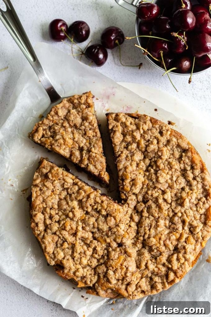 A close-up of the vegan chocolate cherry coffee cake, showing the moist cake texture, vibrant cherries, and a crumbly streusel topping.