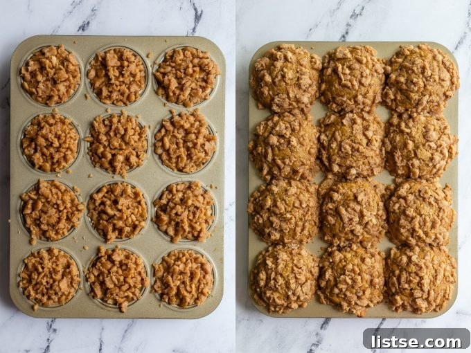 Two side-by-side images illustrating the muffin-making process. The left image shows a gold muffin tin filled with unbaked banana muffin batter, generously topped with crumble. The right image displays the same muffins, now baked to a golden perfection, significantly risen and looking wonderfully inviting.