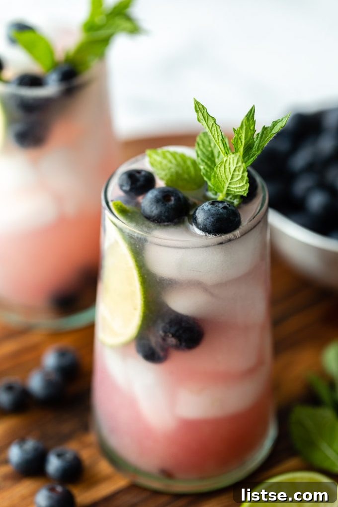 Close-up side view of two Blueberry Mojitos, showcasing the vibrant blue hue and the fresh garnishes of mint, lime, and whole blueberries. The drinks are on a wooden surface.