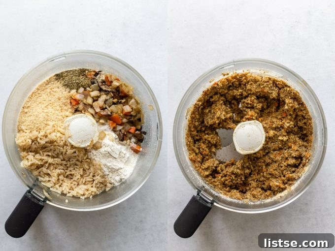 Irresistible Homemade Veggie Burgers 5 Side-by-side images illustrating the veggie burger preparation process. The left image shows key ingredients like sautéed vegetables, breadcrumbs, flour, and brown rice gathered in a food processor bowl, ready for blending. The right image displays the ingredients after they have been thoroughly blended, forming a cohesive mixture perfect for shaping into patties.