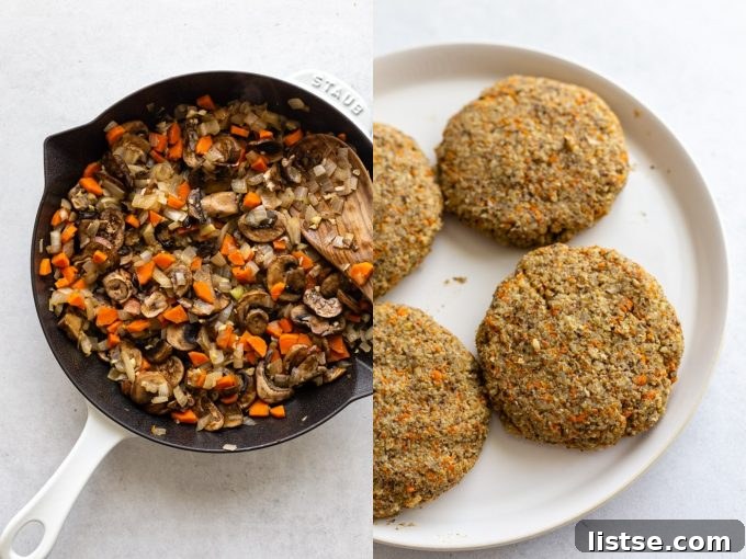 Irresistible Homemade Veggie Burgers 6 Side-by-side images showcasing the veggie burger preparation. The left image depicts a cast-iron skillet filled with sautéed onions, carrots, and mushrooms, perfectly softened and fragrant. The right image presents four beautifully formed veggie burger patties, ready for cooking, arranged neatly on a large white plate.
