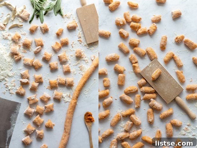 side by side shot. Left: sweet potato gnocchi pieces all spread out with a gnocchi board in the corner. Right: the same raw sweet potato gnocchi that's been pressed on the gnocchi board