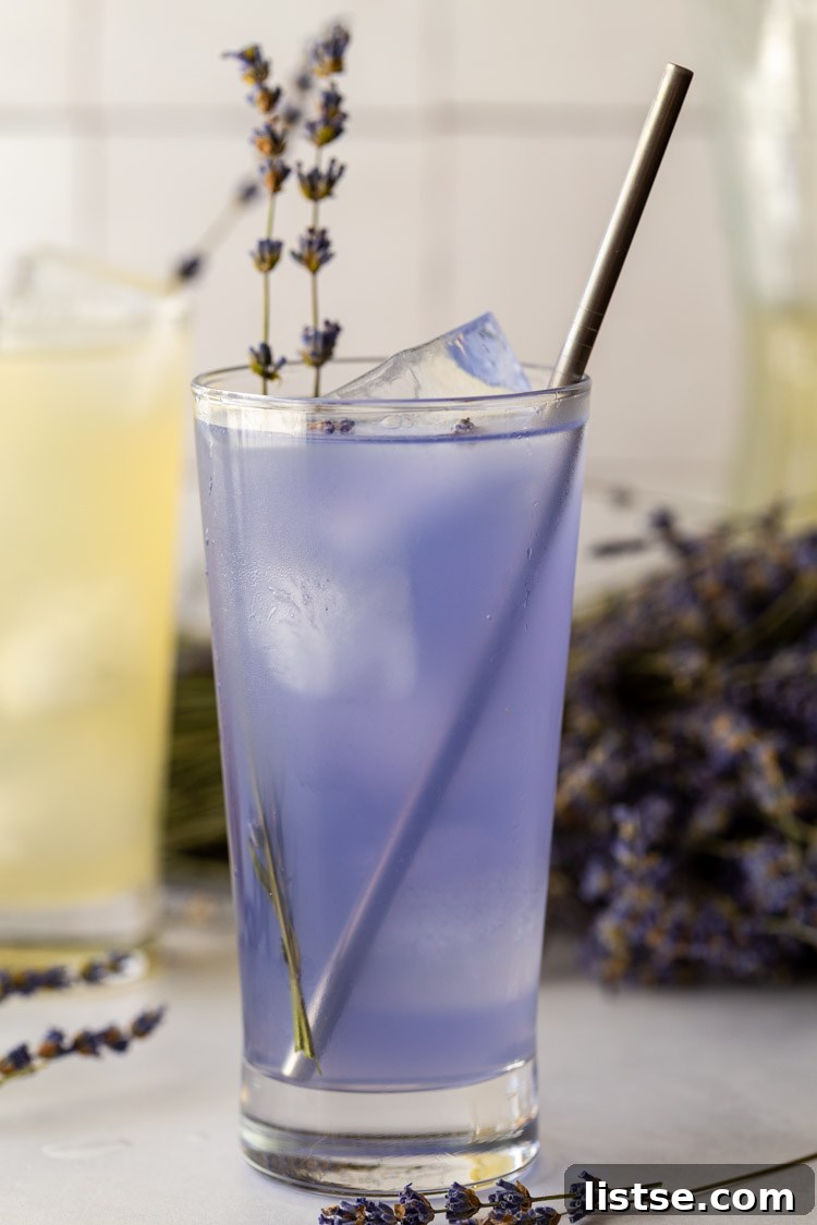 Sweet Serenity: Crafting Lavender Syrup 5 A tall glass of vibrant purple lavender lemonade with fresh lavender garnish and a straw.
