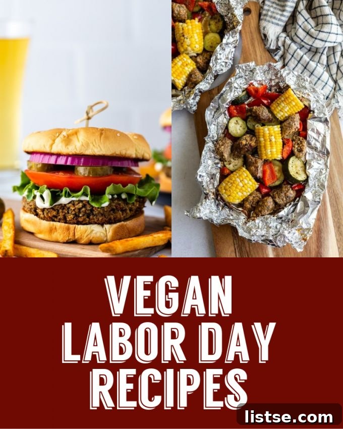 A vibrant collection of vegan Labor Day dishes, including grilled vegetables, savory plant-based burgers, and refreshing salads, perfect for a holiday feast.