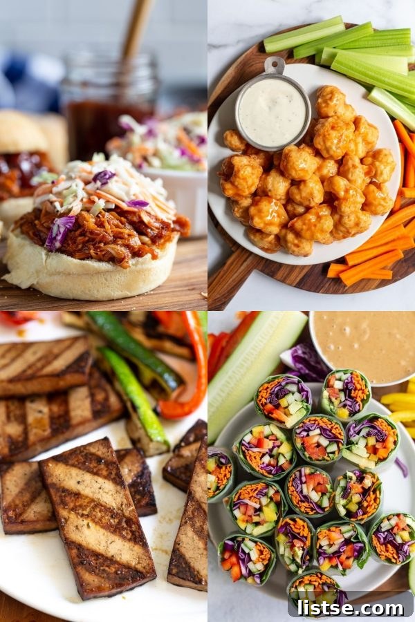 A collage featuring four enticing vegan main dishes for Labor Day: savory jackfruit BBQ, crispy buffalo cauliflower wings, perfectly grilled tofu, and fresh loaded veggie spring rolls.