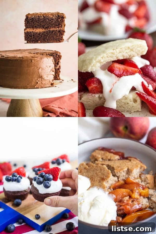A delicious collage of four irresistible vegan Labor Day desserts: a rich chocolate cake slice, classic strawberry shortcake, a decadent brownie cupcake with berries, and a warm peach cobbler with ice cream.